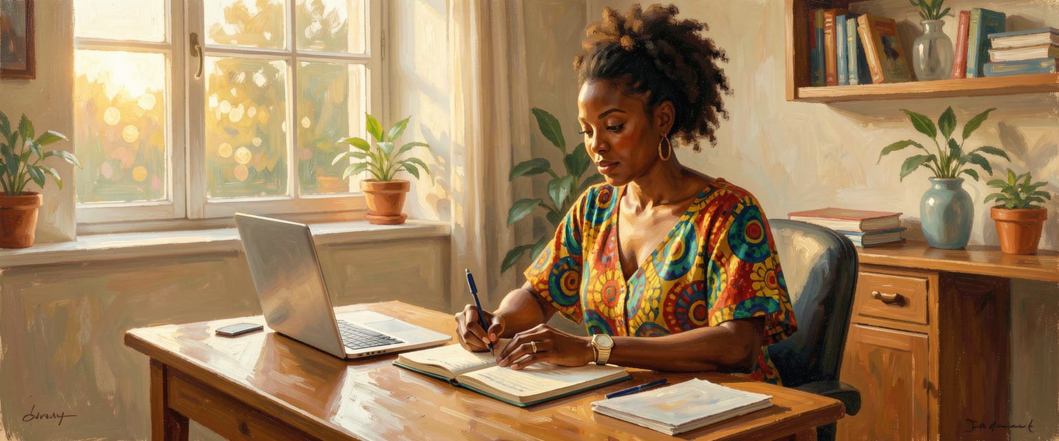 Person writing in a notebook at a desk with a laptop and soft natural light, representing personal growth coaching and reflective planning in a calm workspace