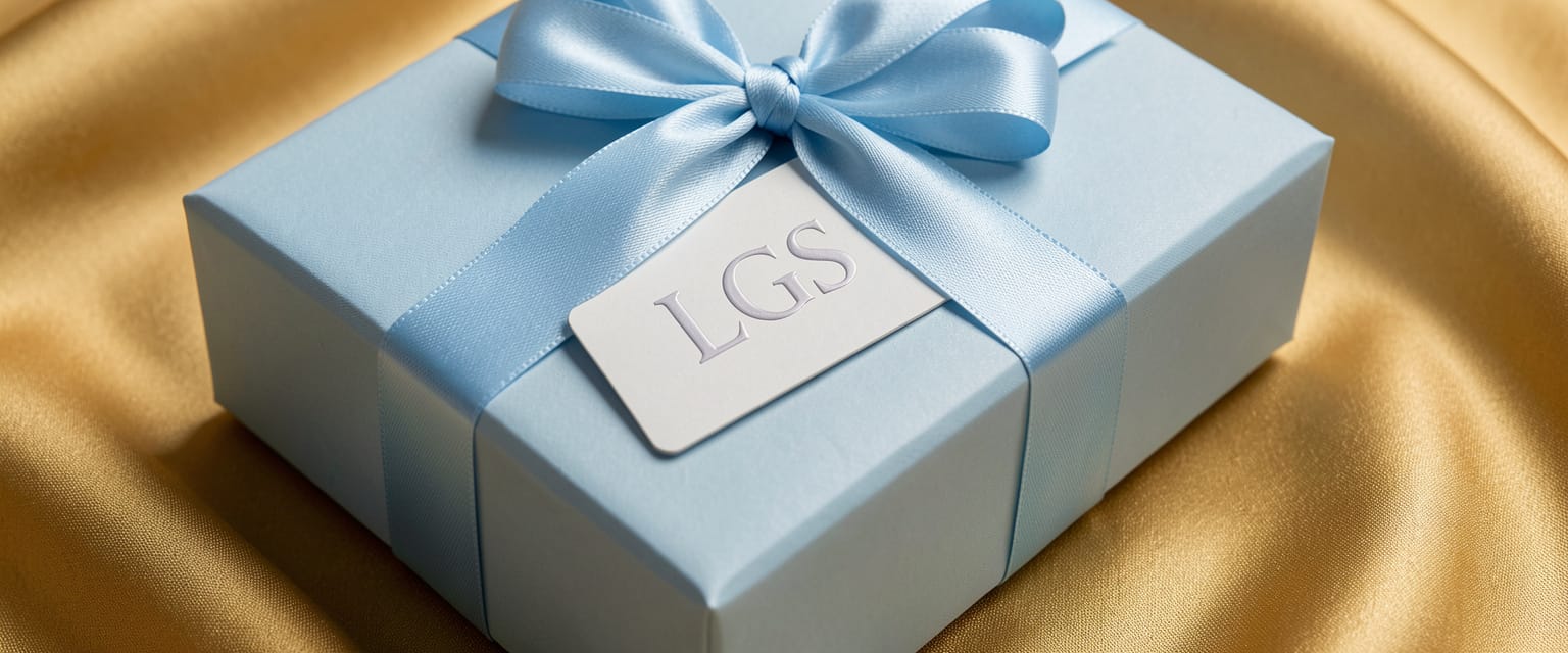 LGS Solutions blue gift box carefully wrapped on a golden cloth.